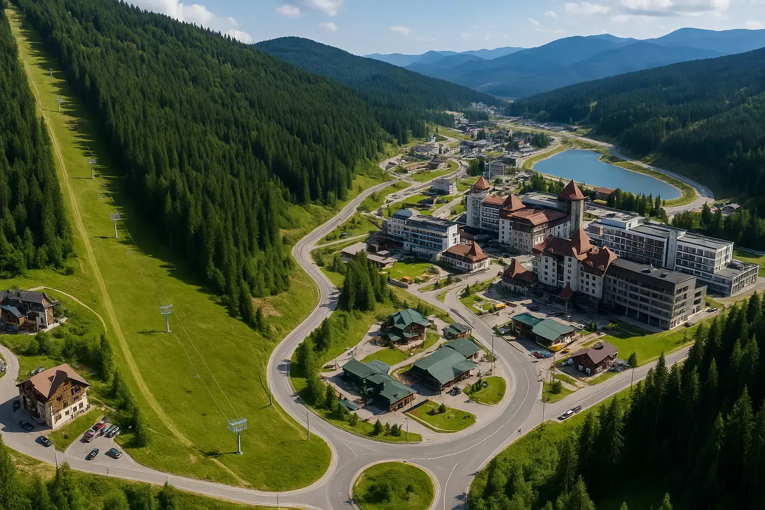 Vedere panoramică a stațiunii de schi Bukovel, înconjurată de Munții Carpați, cu hoteluri, drumuri, teleschiuri și un lac        