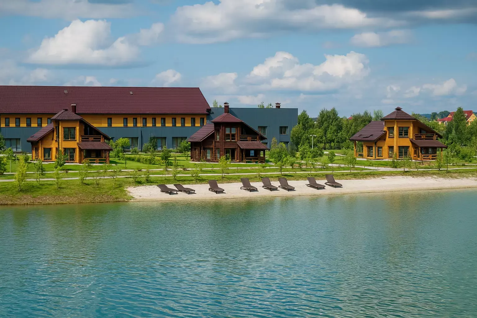 Plajă cu șezlonguri și căsuțe confortabile lângă lac, pe fundalul unui teritoriu verde