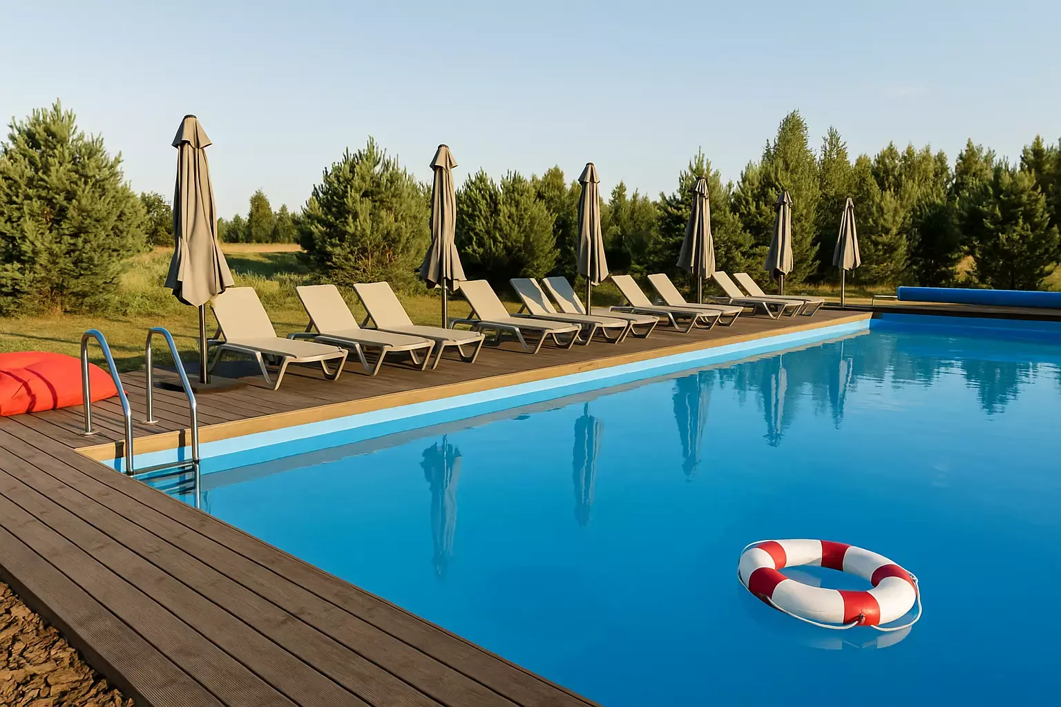 O piscină în aer liber cu șezlonguri și umbrele pe fundalul copacilor verzi și al unui cer senin