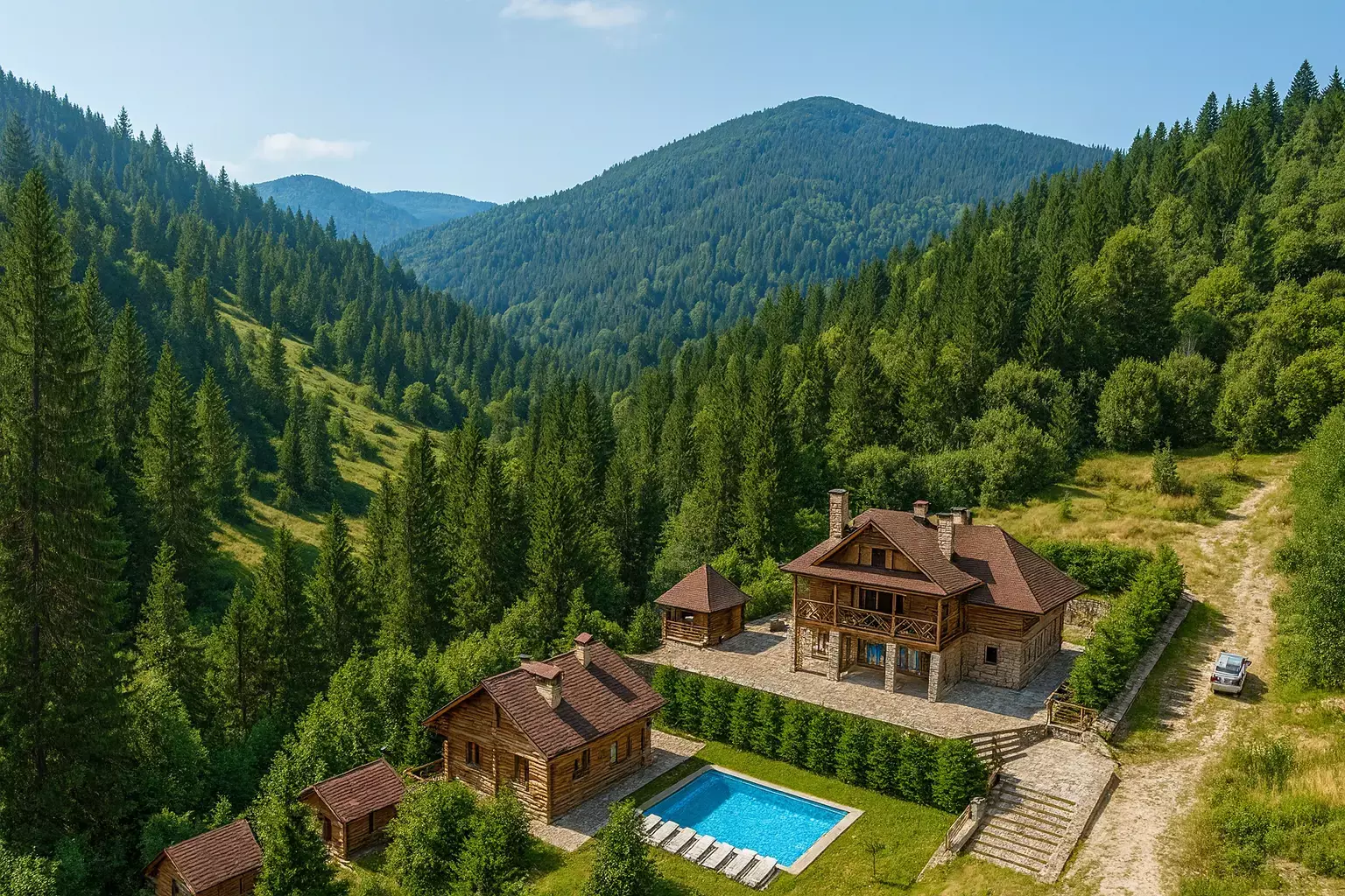 Stațiunea montană Slavske cu căsuțe din lemn și o piscină în mijlocul unei păduri dese din Carpați.