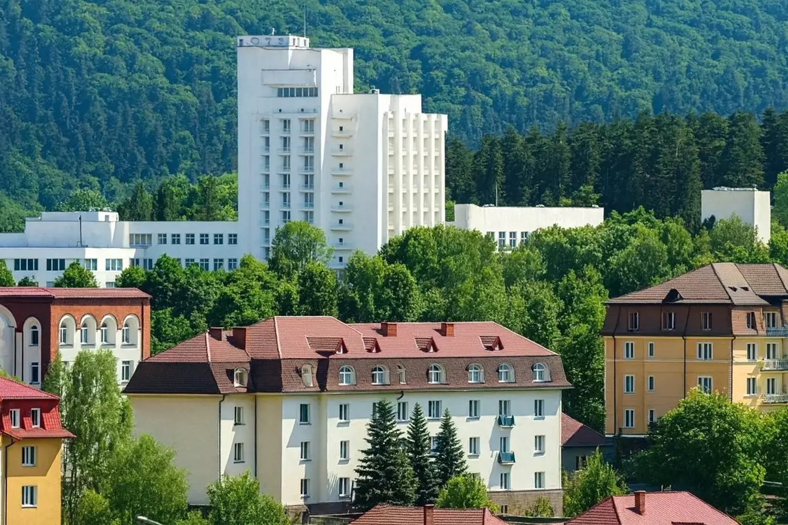 Orașul stațiune Truskaveț cu sanatorii cu mai multe etaje pe fundalul unei păduri verzi și al munților. 