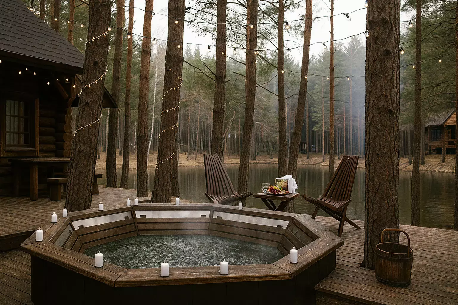 Jacuzzi din lemn pe o terasă lângă un lac într-o pădure de pini