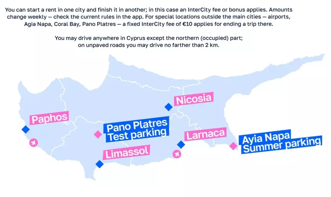 RideNow Car Sharing zones in Cyprus