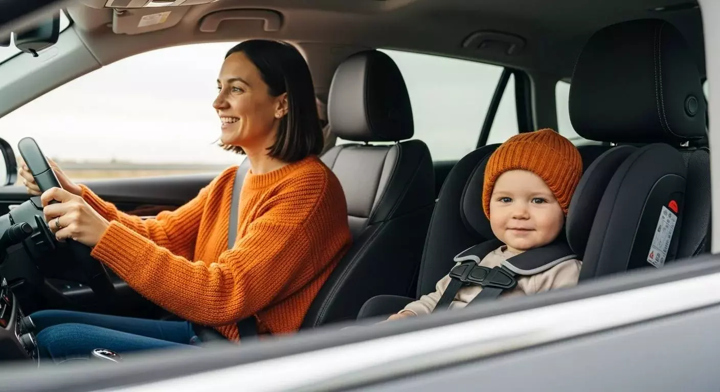ребенок в автокресле на переднем сиденье автомобиля