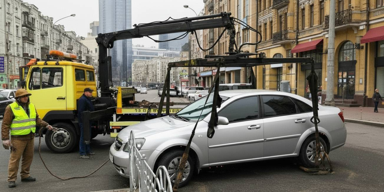 Ein Abschleppwagen nimmt ein Auto mit, weil es am falschen Ort geparkt hat