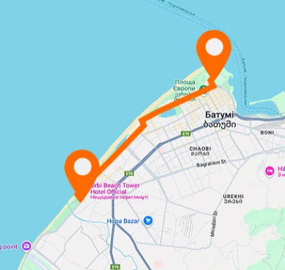 Path from Orbi Beach Tower to Alphabet Tower — horizontal layout