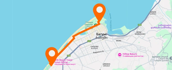 Path from Orbi Beach Tower to Alphabet Tower — vertical layout